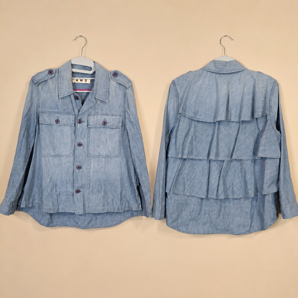 Women's AMO Ruffle Back Army Jacket in Chambray Denim Jean | Size Small
